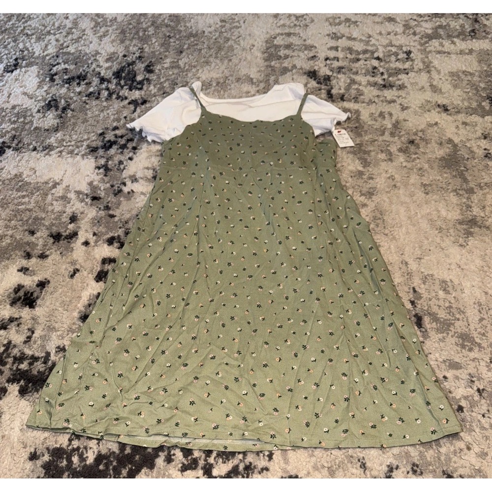Cat & Jack Sz Large 10/12 Youth Girls Sundress Tank Dress & Shirt Green Floral